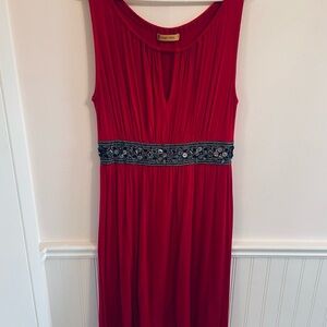 Elegant Red Midi Dress with Decorative Waistband